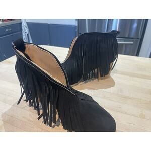 Black Suede Fringe Ankle Boots Block Heel Western Boho Women Size 8 Boutique?